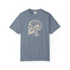 Blue-gray colored Pickleball On The Brain t-shirt with skull illustration and pickleball-themed head graphic.