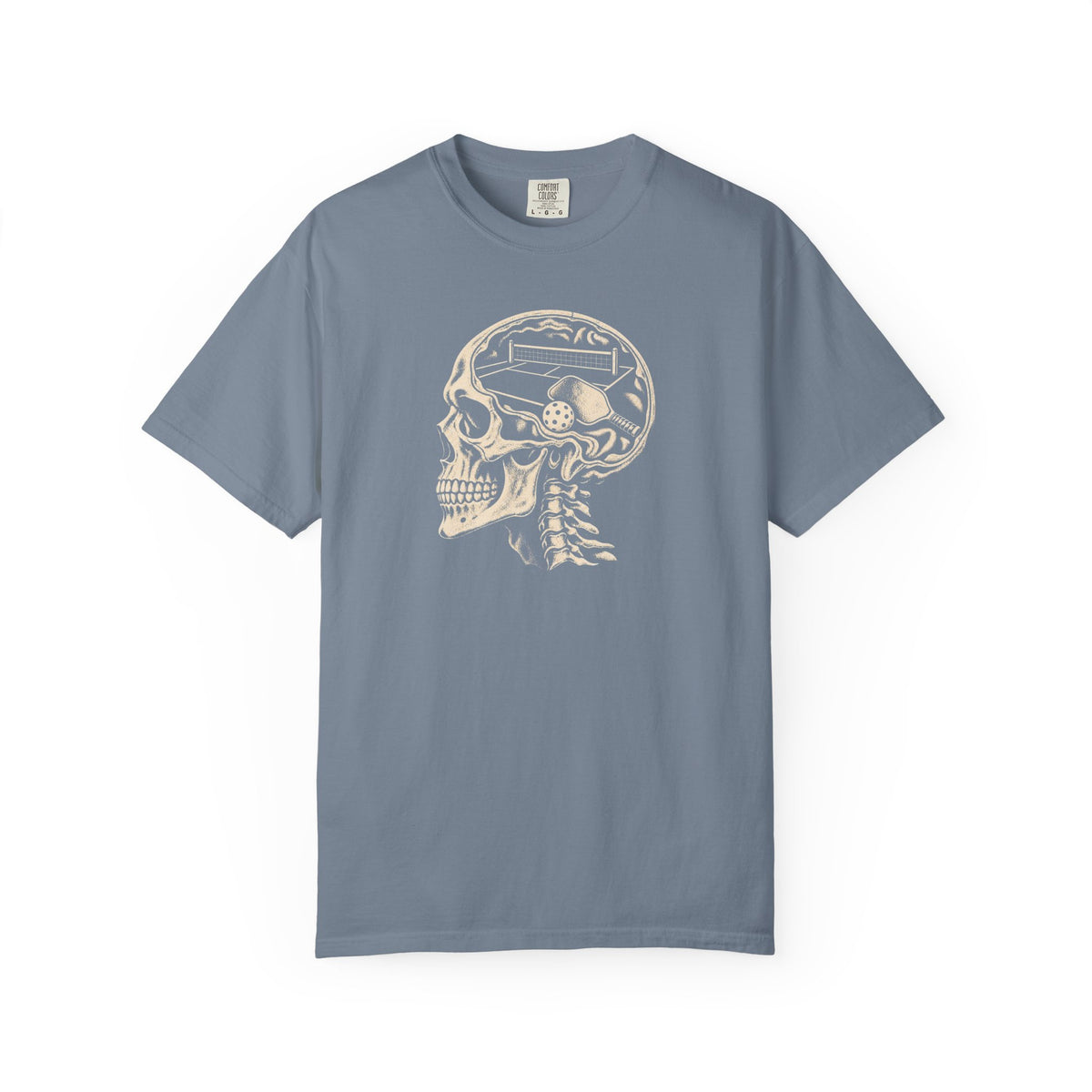 Blue-gray colored Pickleball On The Brain t-shirt with skull illustration and pickleball-themed head graphic.