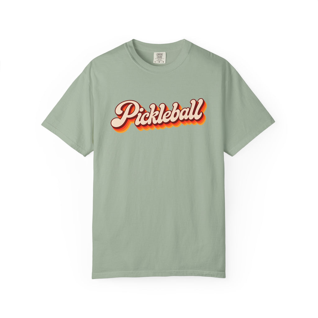 Sage colored Pickleball t-shirt with simple retro script lettering and vintage underline detail.