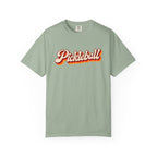 Sage colored Pickleball t-shirt with simple retro script lettering and vintage underline detail.