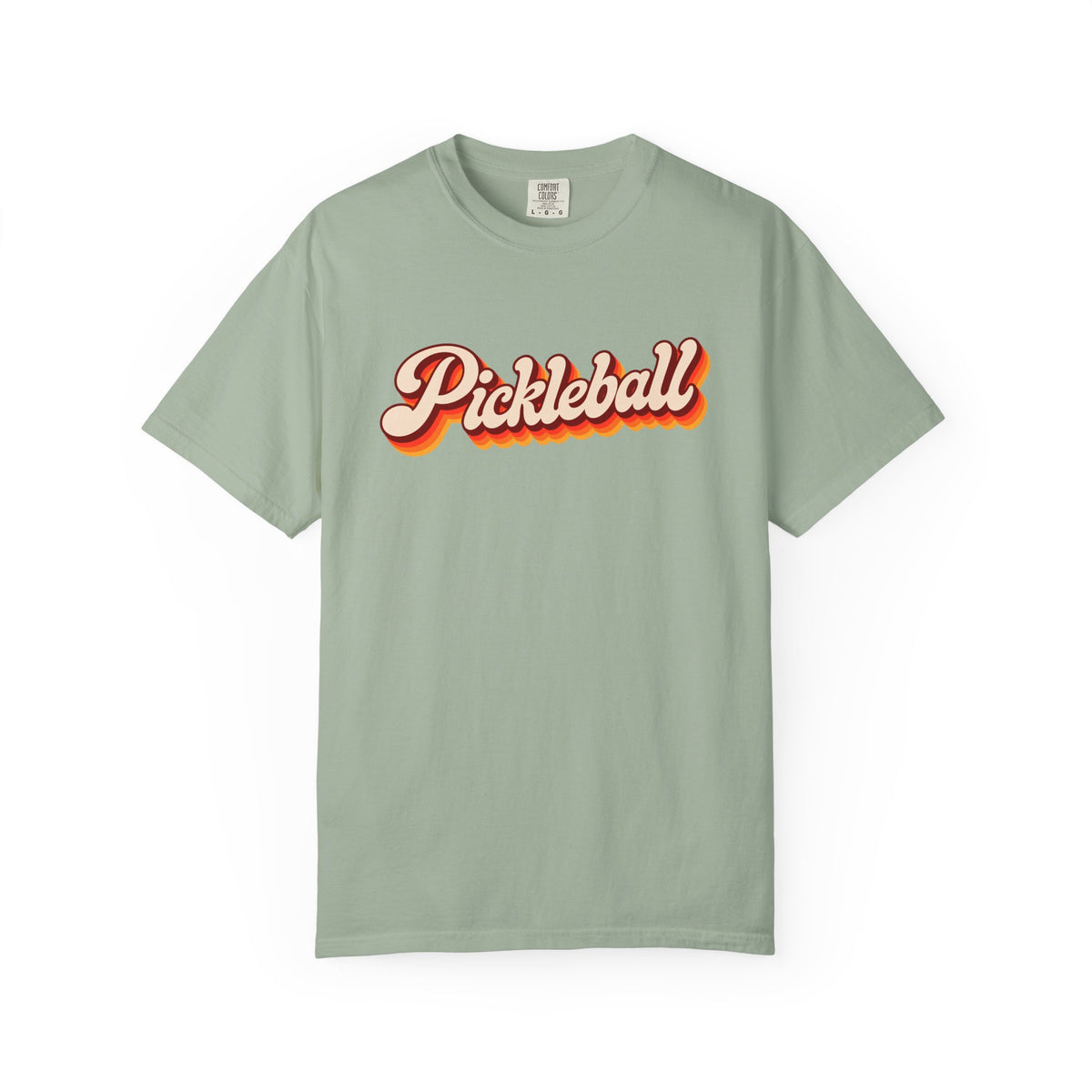 Sage colored Pickleball t-shirt with simple retro script lettering and vintage underline detail.