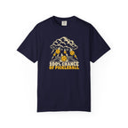 Navy colored Chance Of Pickleball t-shirt with weather-forecast-inspired graphic and yellow retro lettering.