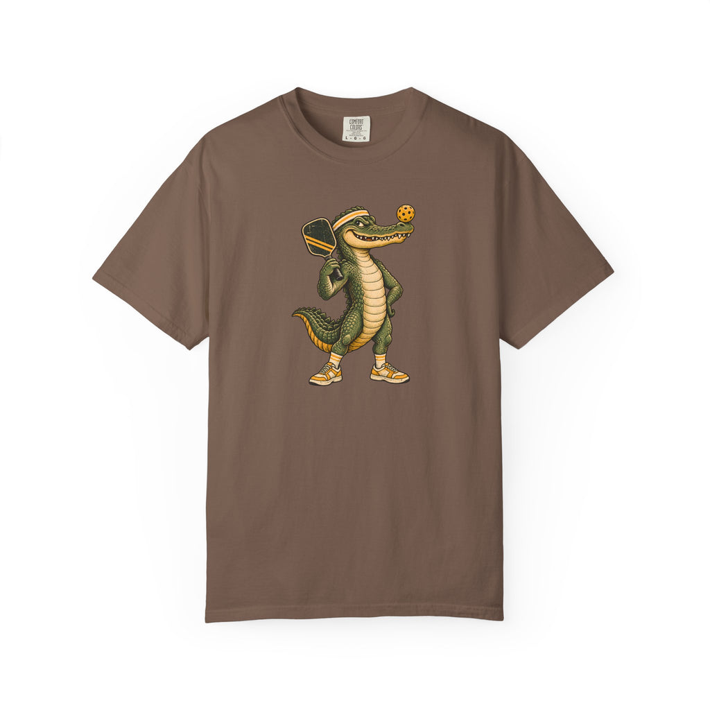 Espresso colored Pickleball Gator pickleball t-shirt with cartoon alligator player holding a paddle.