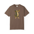 Espresso colored Pickleball Gator pickleball t-shirt with cartoon alligator player holding a paddle.