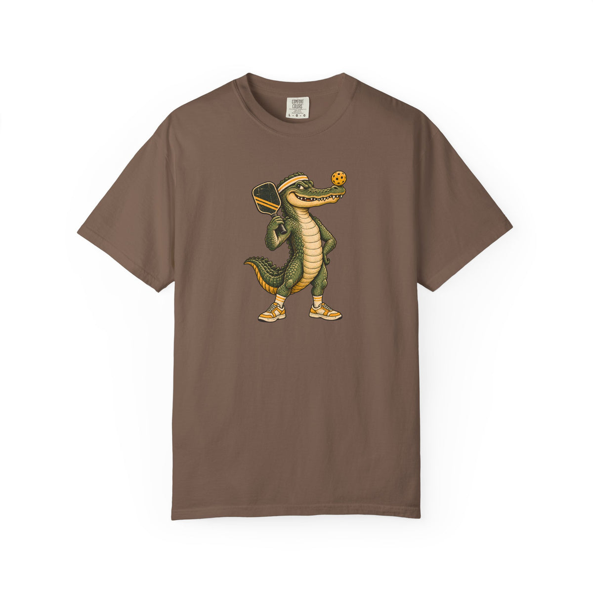 Espresso colored Pickleball Gator pickleball t-shirt with cartoon alligator player holding a paddle.