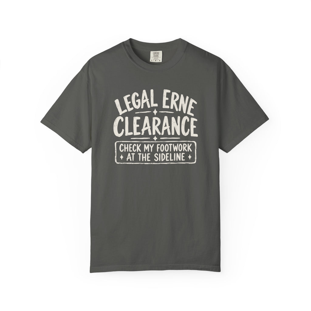 Pepper colored Legal Erne pickleball t-shirt with bold Legal Erne Clearance typography and court-line styling.