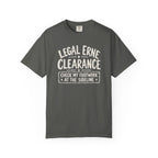 Pepper colored Legal Erne pickleball t-shirt with bold Legal Erne Clearance typography and court-line styling.