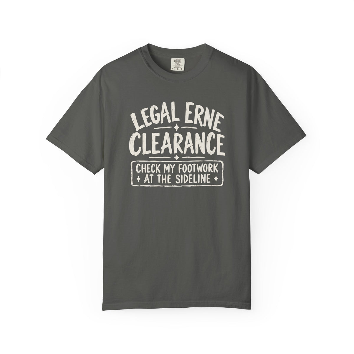 Pepper colored Legal Erne pickleball t-shirt with bold Legal Erne Clearance typography and court-line styling.