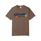 Espresso colored Chronic Retro pickleball t-shirt with vintage script lettering and multicolor retro stripe.