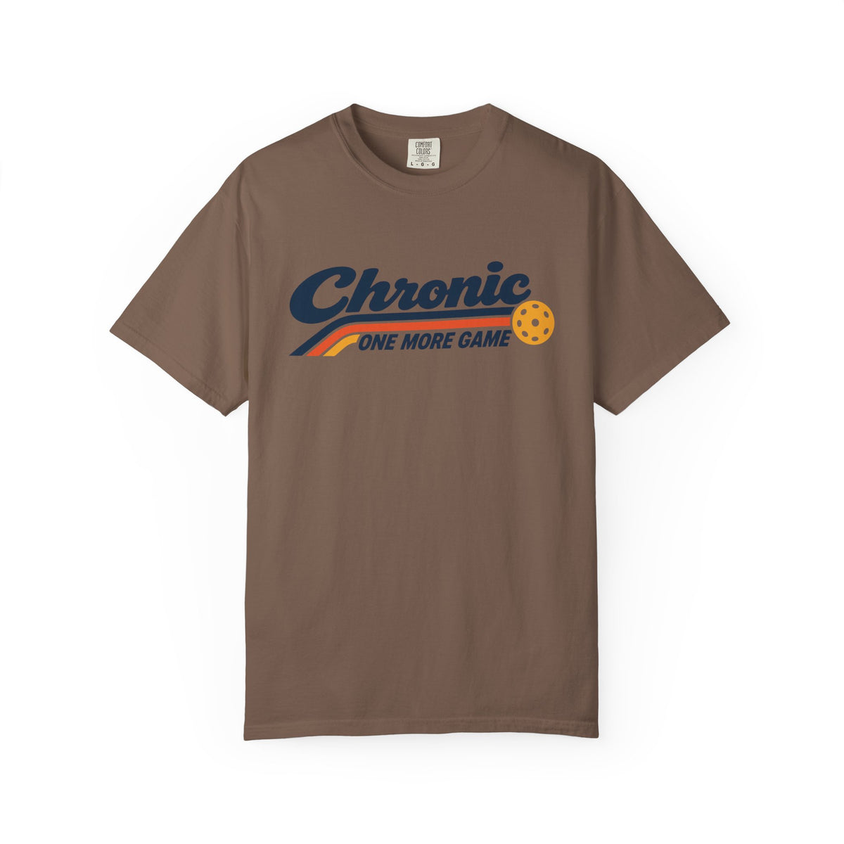 Espresso colored Chronic Retro pickleball t-shirt with vintage script lettering and multicolor retro stripe.