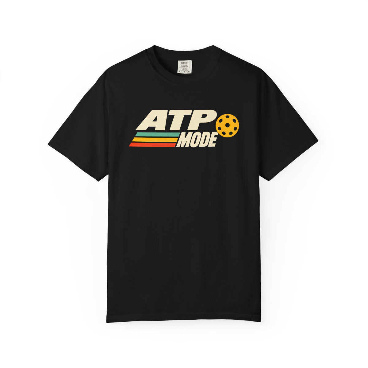 Black colored Retro ATP pickleball t-shirt with bold ATP lettering, retro speed stripes, and yellow pickleball accent.