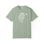 Sage colored Pickleball Chameleon pickleball t-shirt with detailed chameleon and paddle-themed graphic.
