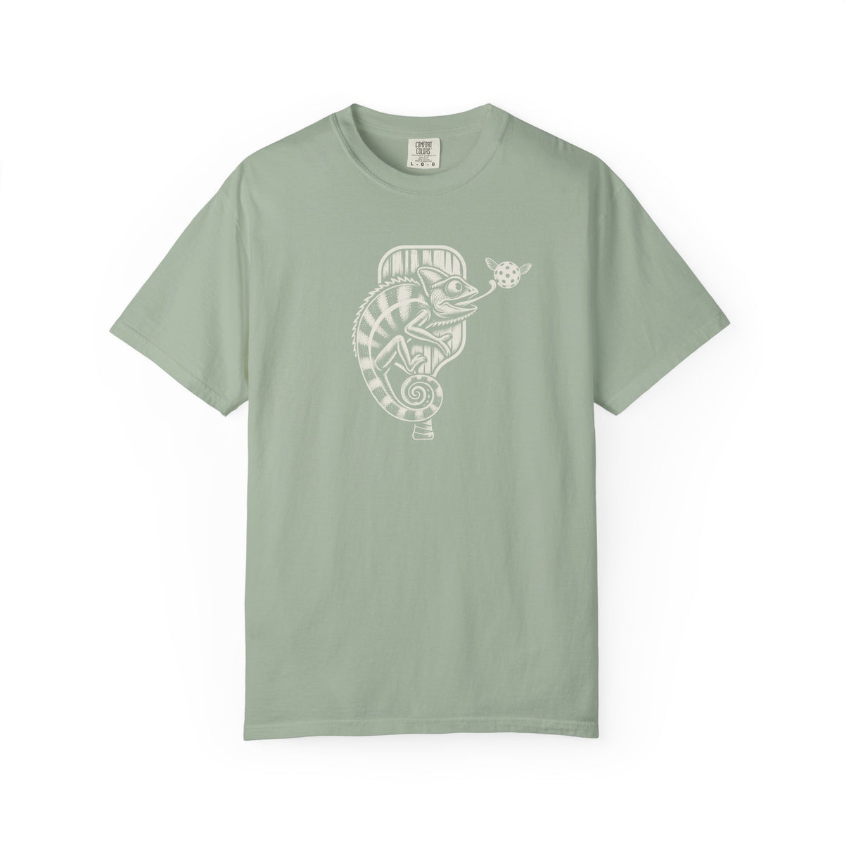 Sage colored Pickleball Chameleon pickleball t-shirt with detailed chameleon and paddle-themed graphic.