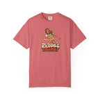 Watermelon colored Paddle Kiss pickleball t-shirt with playful vintage paddle-and-pickleball character graphic.