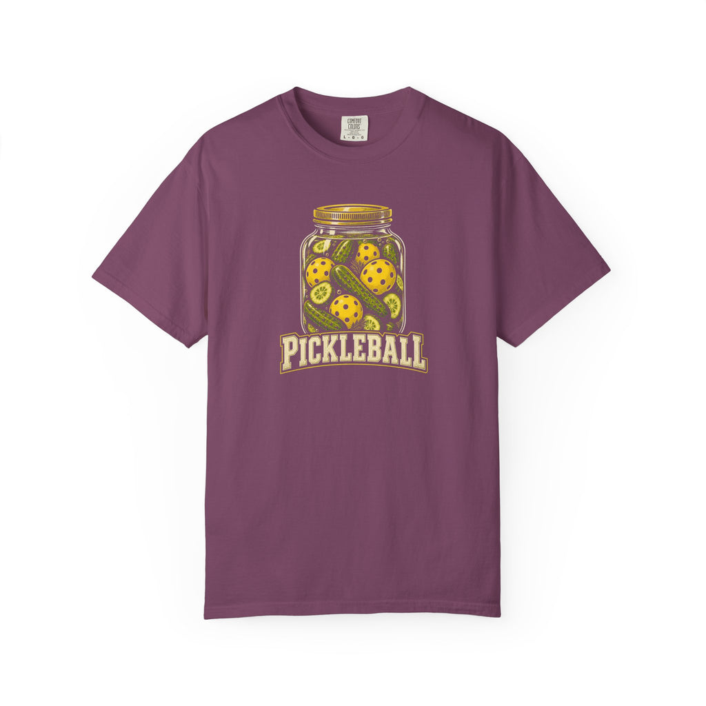 Berry colored Pickleball Jar t-shirt with illustrated jar of pickleballs and bold vintage typography.