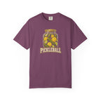 Berry colored Pickleball Jar t-shirt with illustrated jar of pickleballs and bold vintage typography.