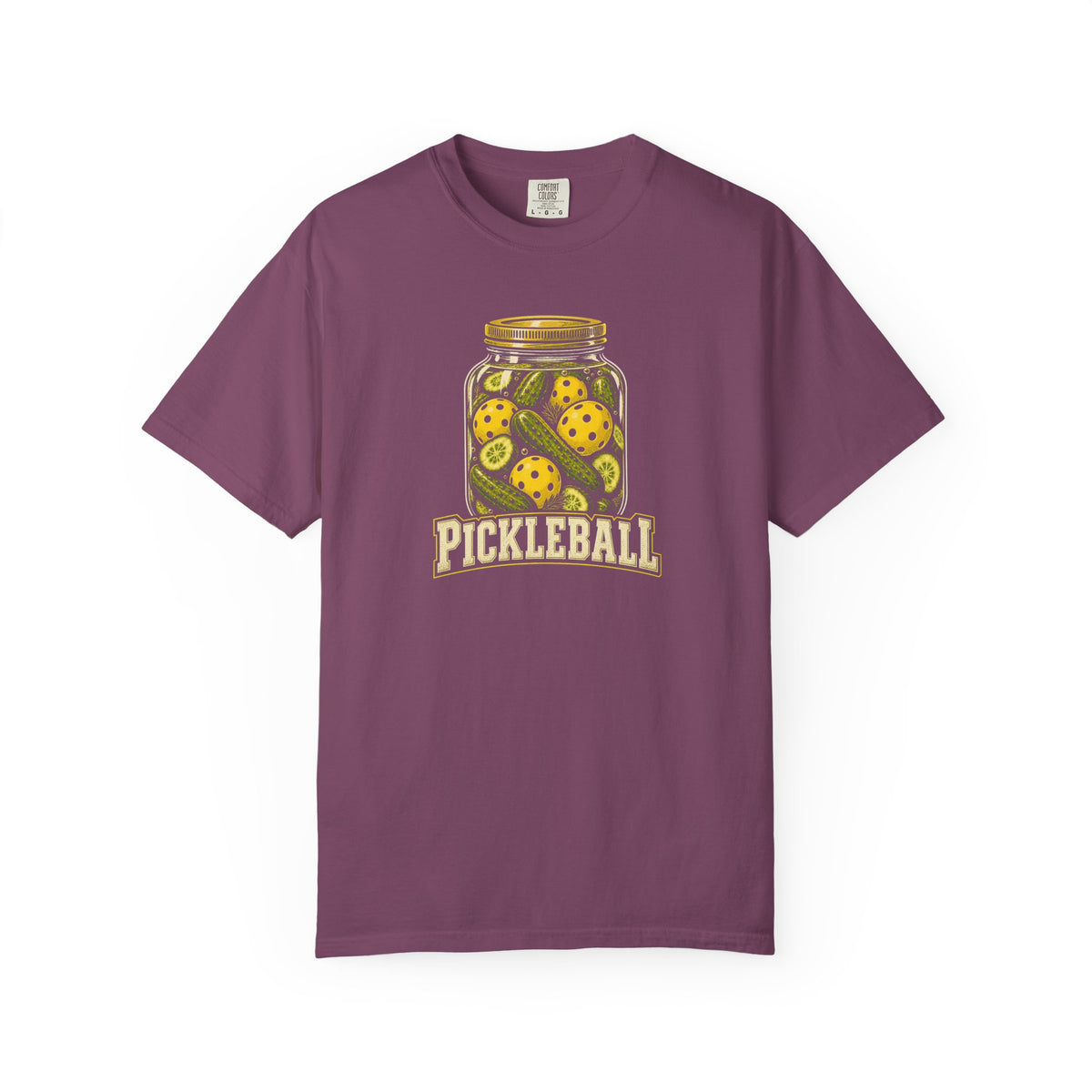 Berry colored Pickleball Jar t-shirt with illustrated jar of pickleballs and bold vintage typography.