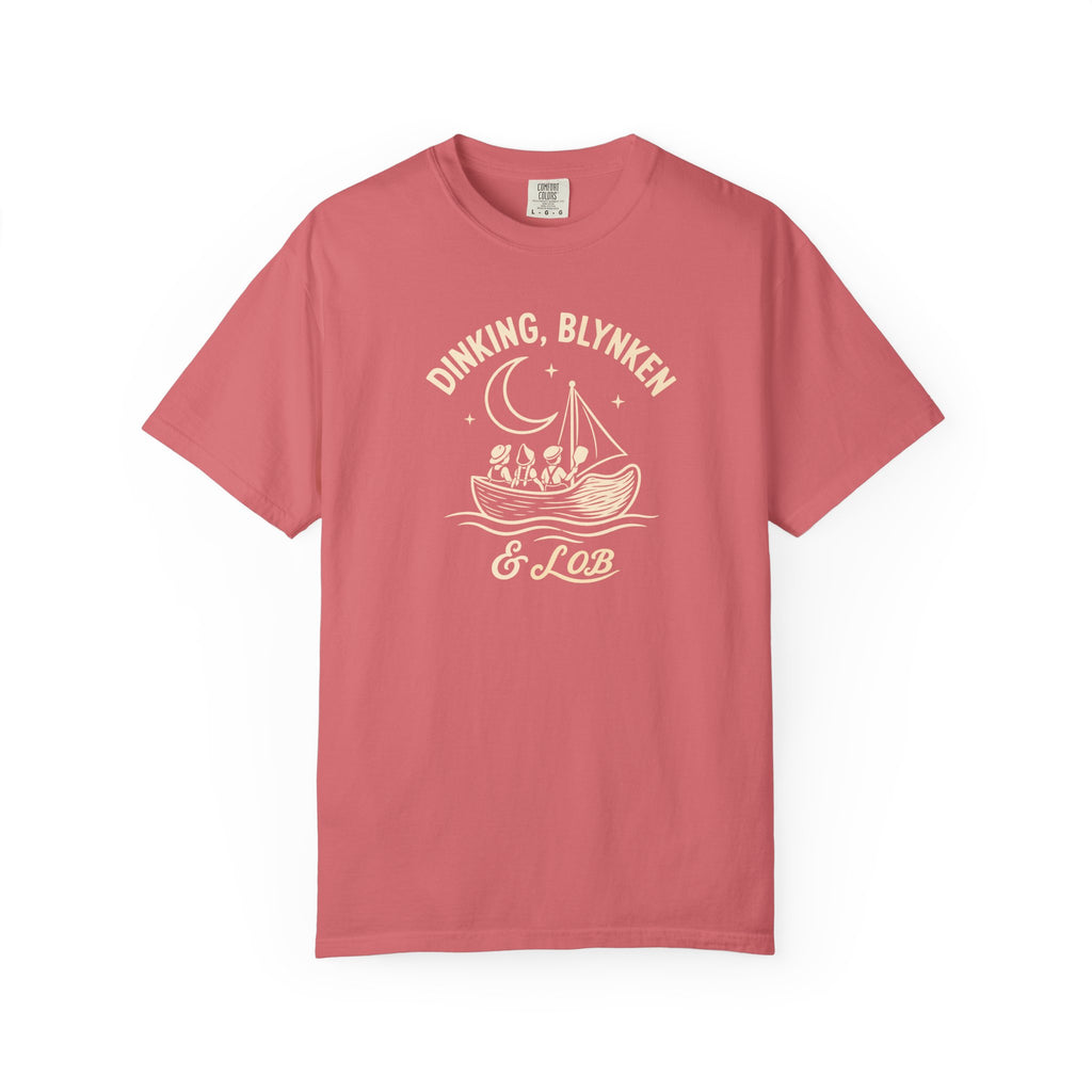 Watermelon colored Dinking, Blynken & Lob pickleball t-shirt with vintage moon-themed illustration and curved lettering.