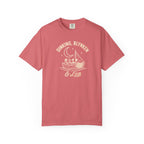 Watermelon colored Dinking, Blynken & Lob pickleball t-shirt with vintage moon-themed illustration and curved lettering.
