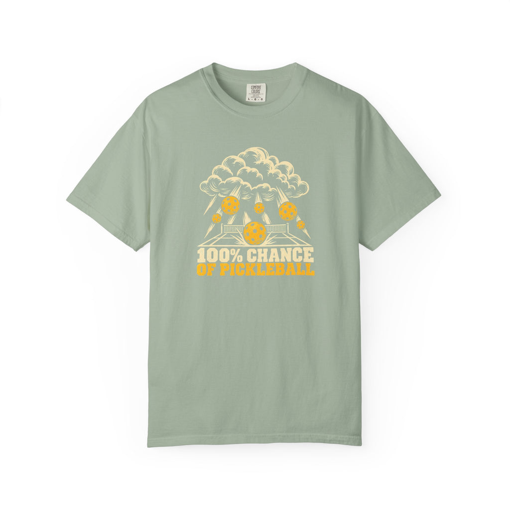 Sage colored Chance Of Pickleball t-shirt with weather-forecast-inspired graphic and yellow retro lettering.