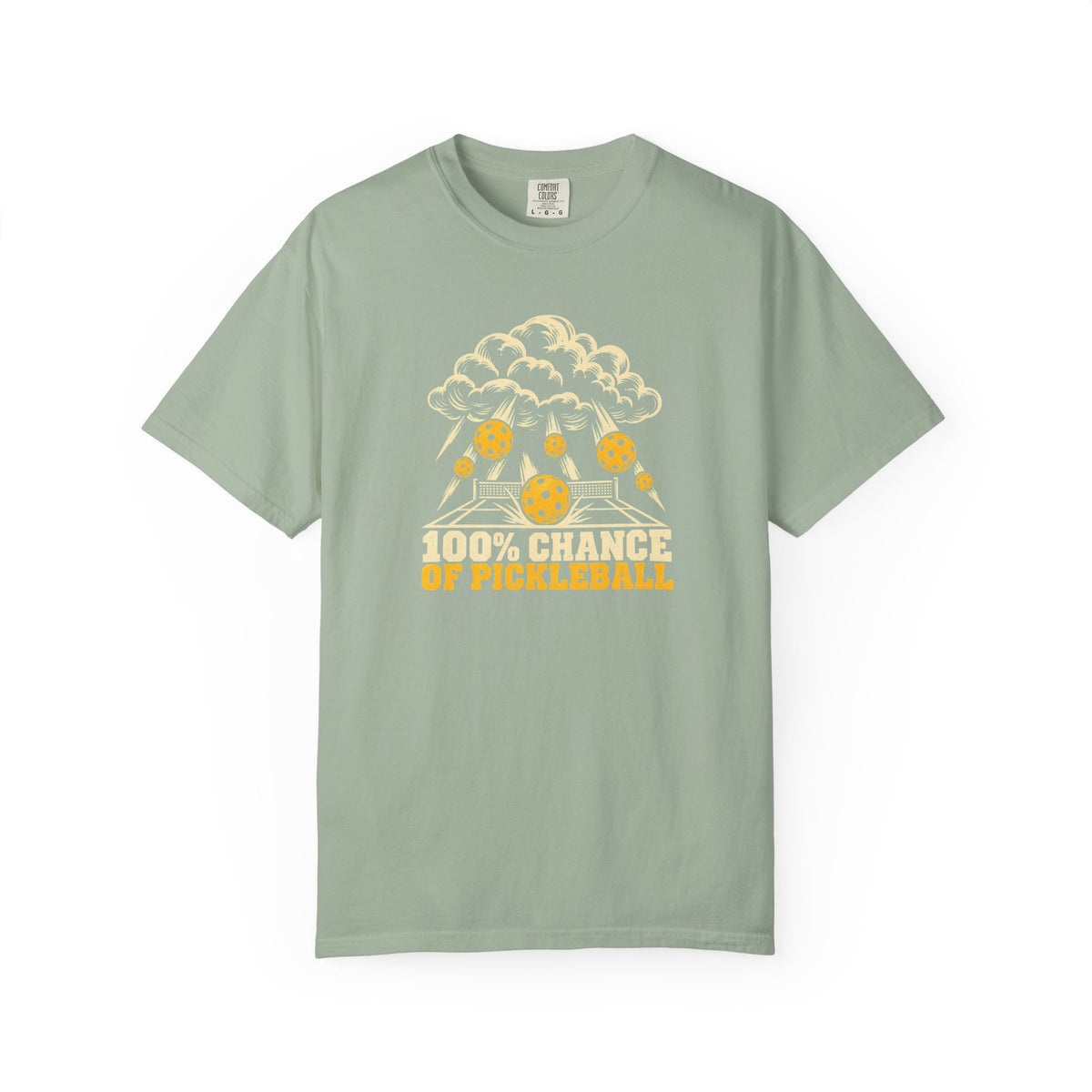 Sage colored Chance Of Pickleball t-shirt with weather-forecast-inspired graphic and yellow retro lettering.