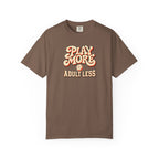 Espresso colored Play More Adult Less pickleball t-shirt with playful cream script typography.