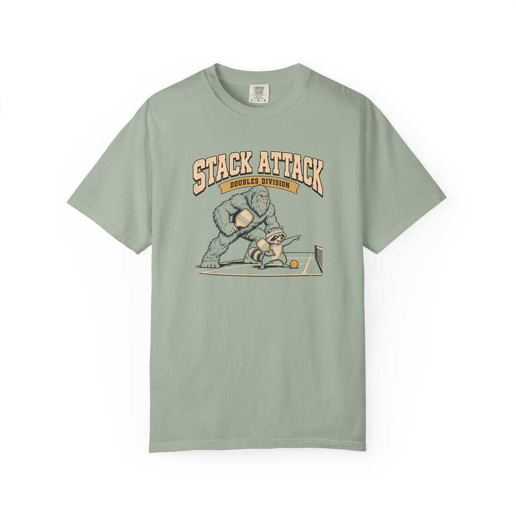 Sage colored Stack Attack pickleball t-shirt with distressed cream lettering and pickleball strategy graphic.