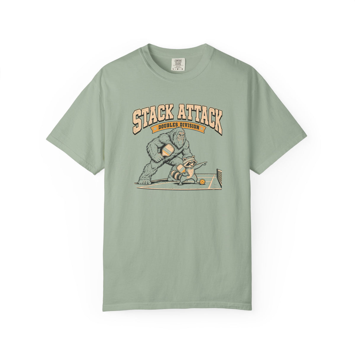 Sage colored Stack Attack pickleball t-shirt with distressed cream lettering and pickleball strategy graphic.