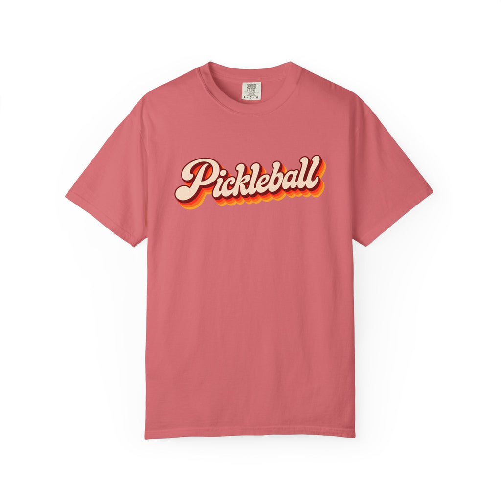 Watermelon colored Pickleball t-shirt with simple retro script lettering and vintage underline detail.