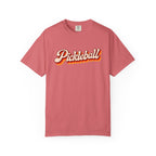 Watermelon colored Pickleball t-shirt with simple retro script lettering and vintage underline detail.