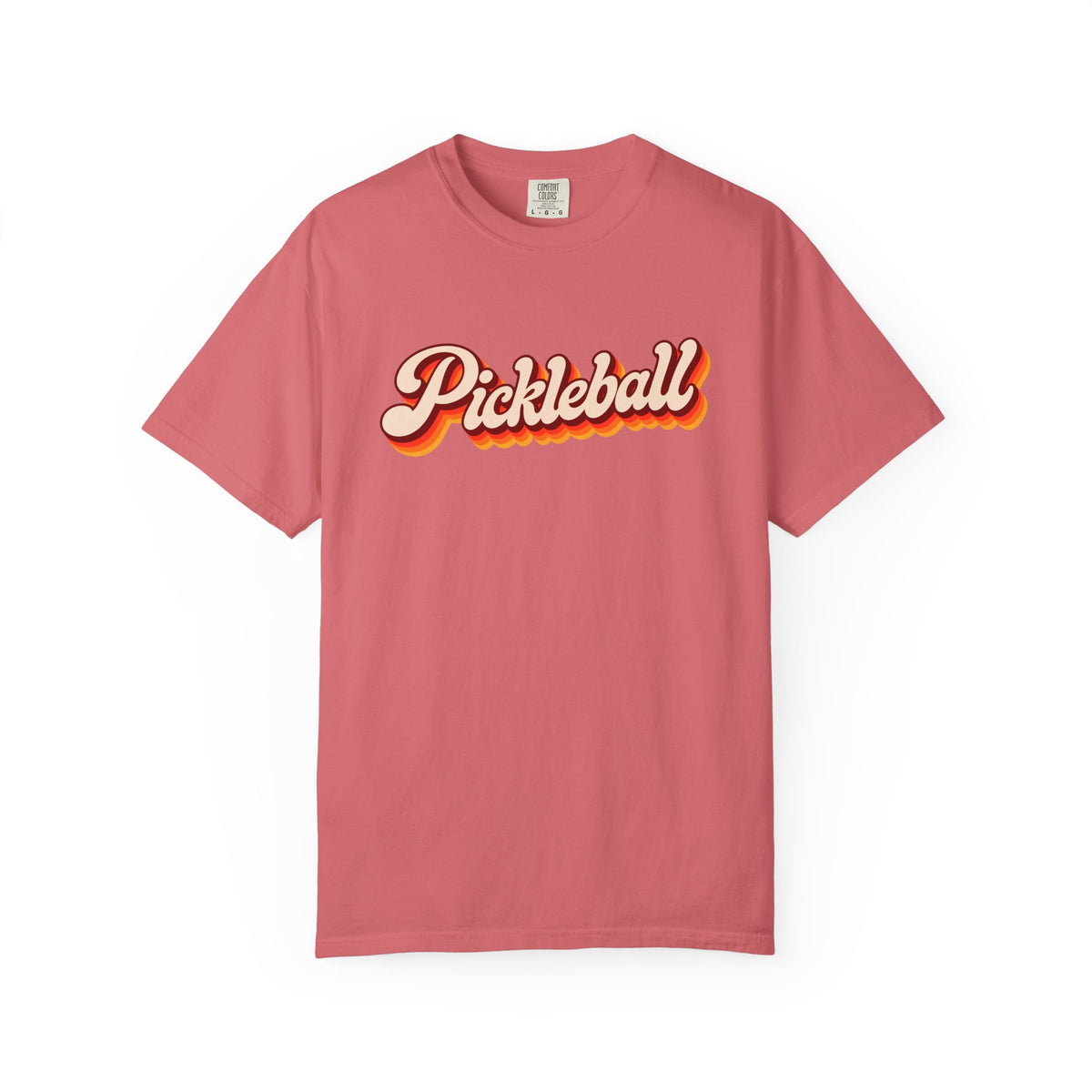 Watermelon colored Pickleball t-shirt with simple retro script lettering and vintage underline detail.
