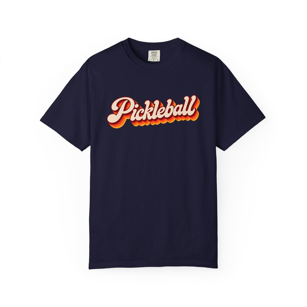 Navy colored Pickleball t-shirt with simple retro script lettering and vintage underline detail.