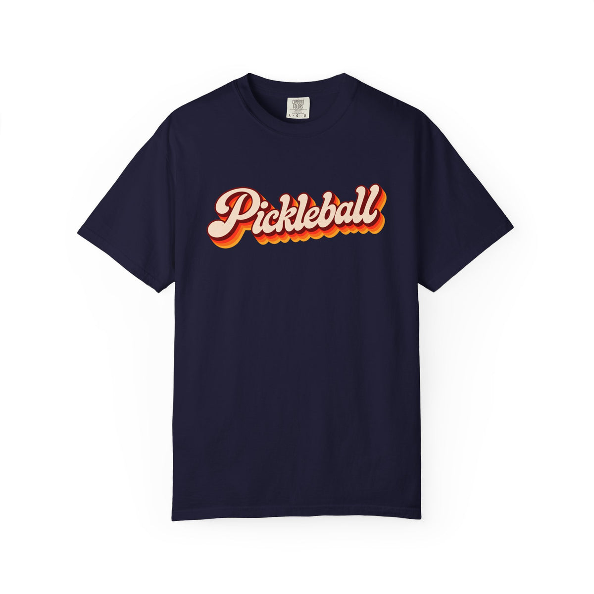Navy colored Pickleball t-shirt with simple retro script lettering and vintage underline detail.