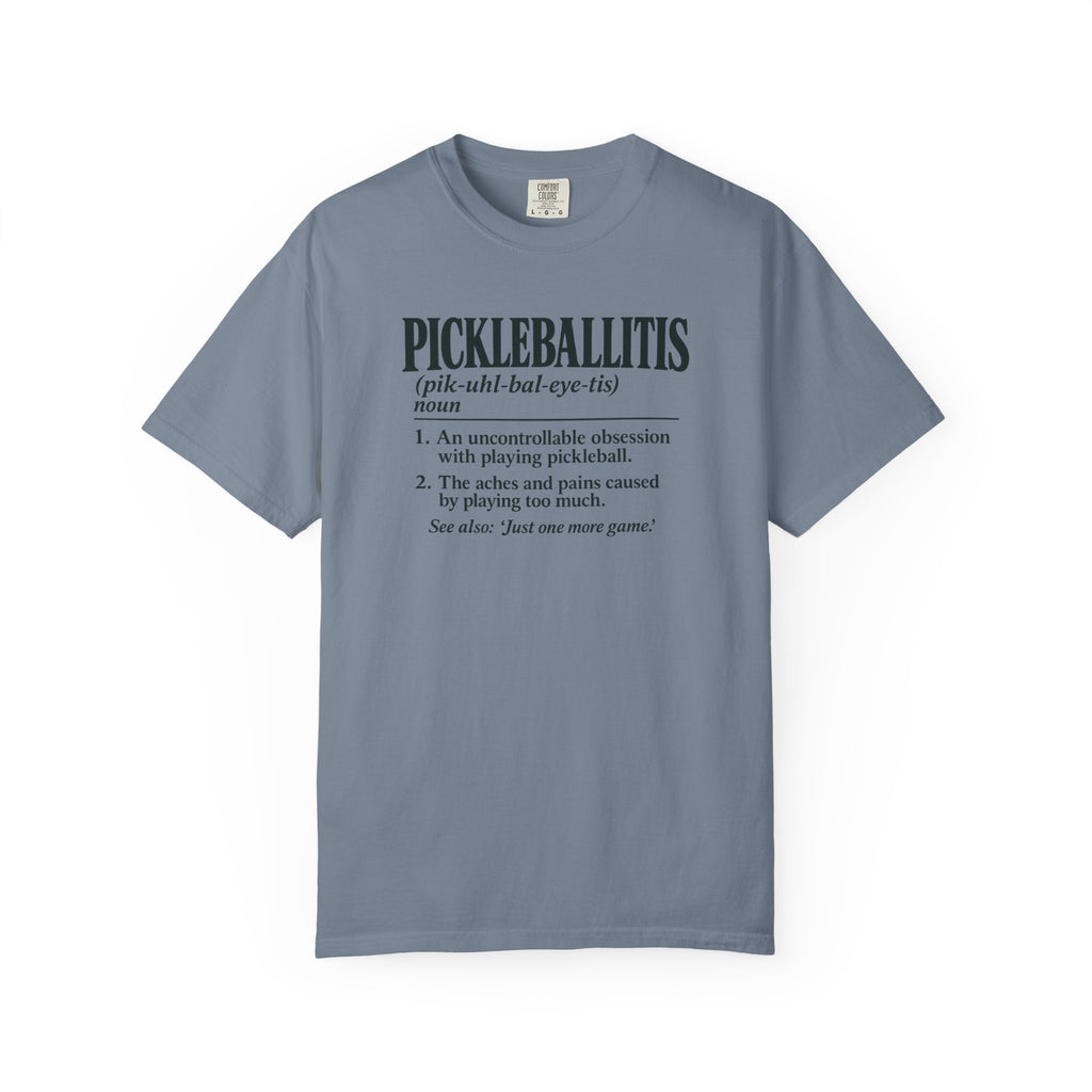 Black colored Pickleballitis pickleball t-shirt with dictionary-style diagnosis typography and humorous definition.