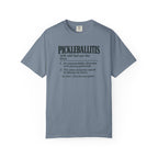 Black colored Pickleballitis pickleball t-shirt with dictionary-style diagnosis typography and humorous definition.