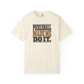 Ivory colored Pickleball Made Me Do It t-shirt with bold distressed retro pickleball typography.