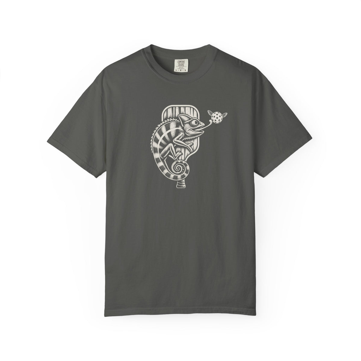 Pepper colored Pickleball Chameleon pickleball t-shirt with detailed chameleon and paddle-themed graphic.
