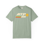 Sage colored Retro ATP pickleball t-shirt with bold ATP lettering, retro speed stripes, and yellow pickleball accent.