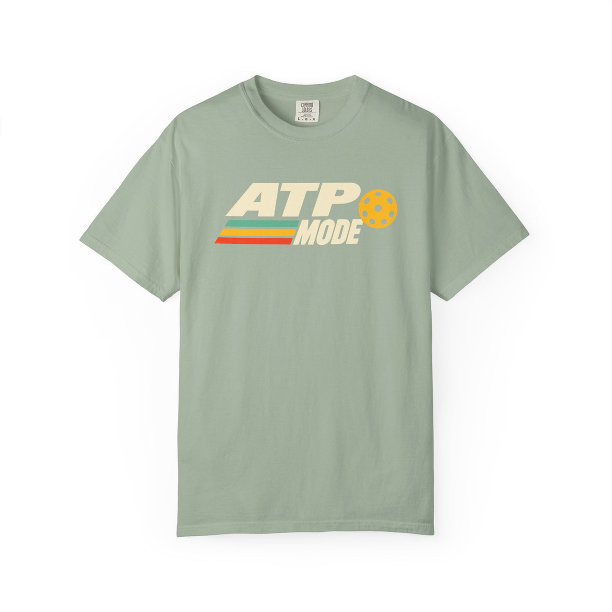 Sage colored Retro ATP pickleball t-shirt with bold ATP lettering, retro speed stripes, and yellow pickleball accent.
