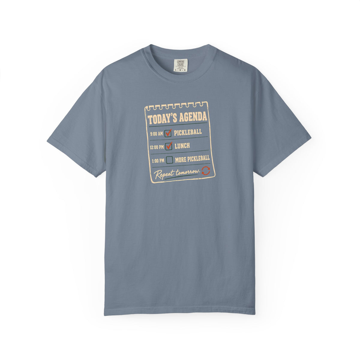 Blue-gray colored Today's Agenda pickleball t-shirt with framed checklist-style pickleball graphic and vintage typography.