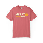 Watermelon colored Retro ATP pickleball t-shirt with bold ATP lettering, retro speed stripes, and yellow pickleball accent.