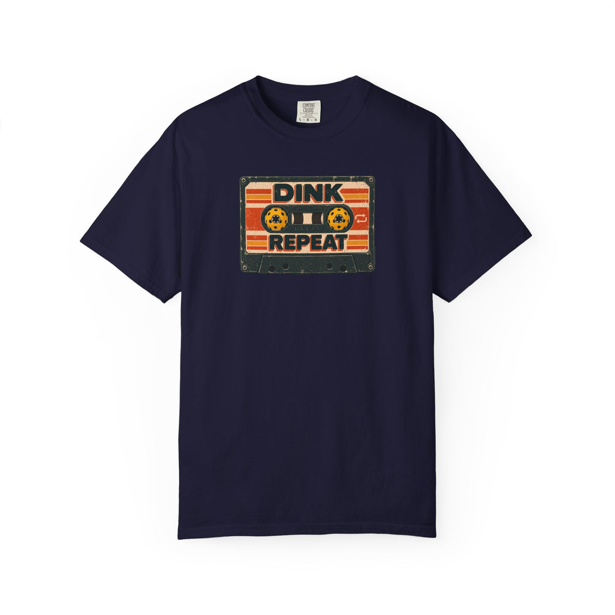 Navy colored Dink. Repeat. pickleball t-shirt with orange-and-black retro badge-style typography.