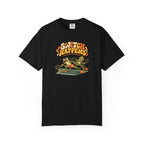 Black colored Switch Happens pickleball t-shirt with colorful retro court graphic and bold curved lettering.