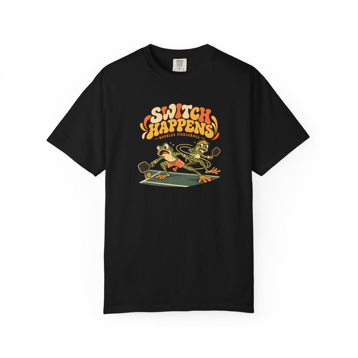 Black colored Switch Happens pickleball t-shirt with colorful retro court graphic and bold curved lettering.