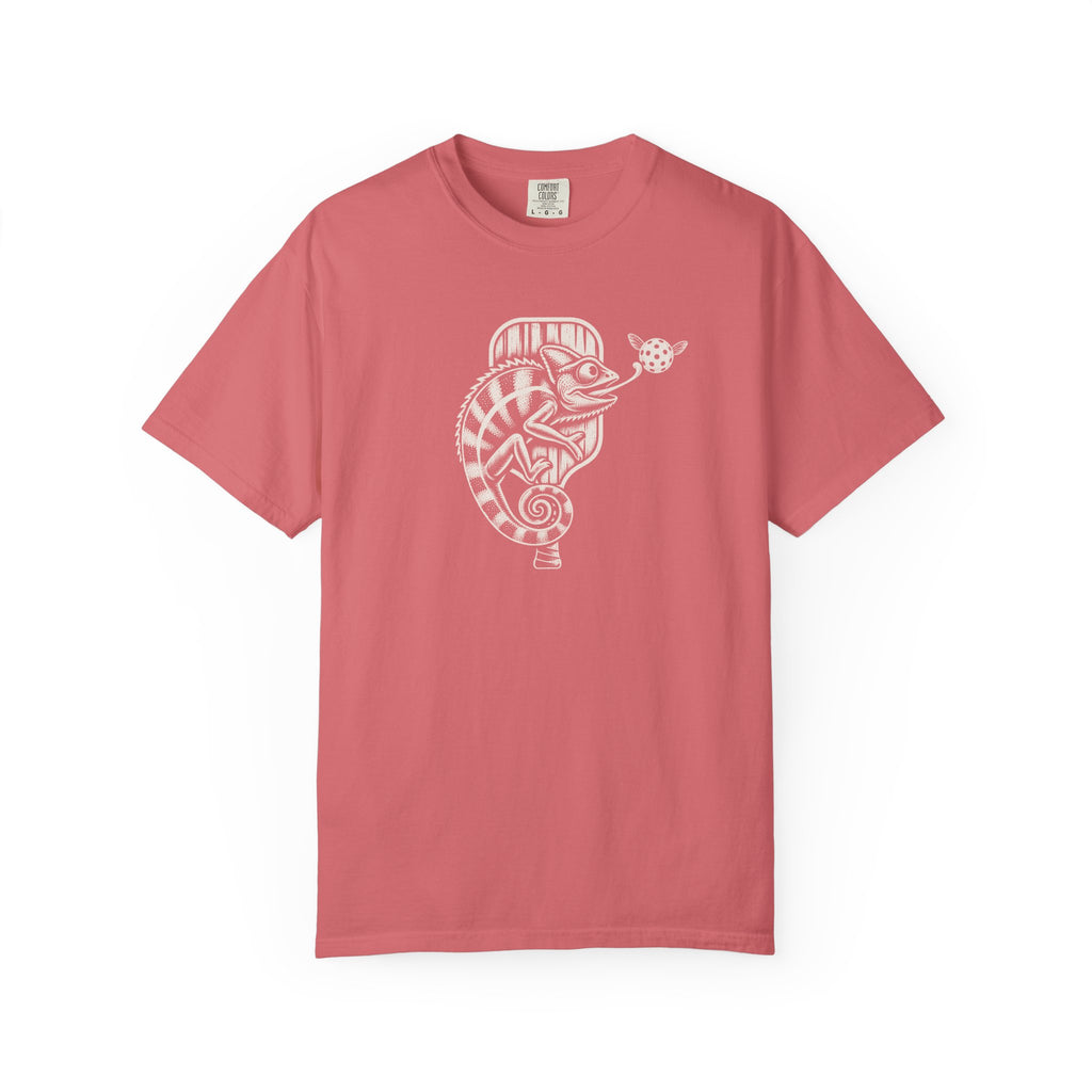 Watermelon colored Pickleball Chameleon pickleball t-shirt with detailed chameleon and paddle-themed graphic.