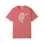 Watermelon colored Pickleball Chameleon pickleball t-shirt with detailed chameleon and paddle-themed graphic.