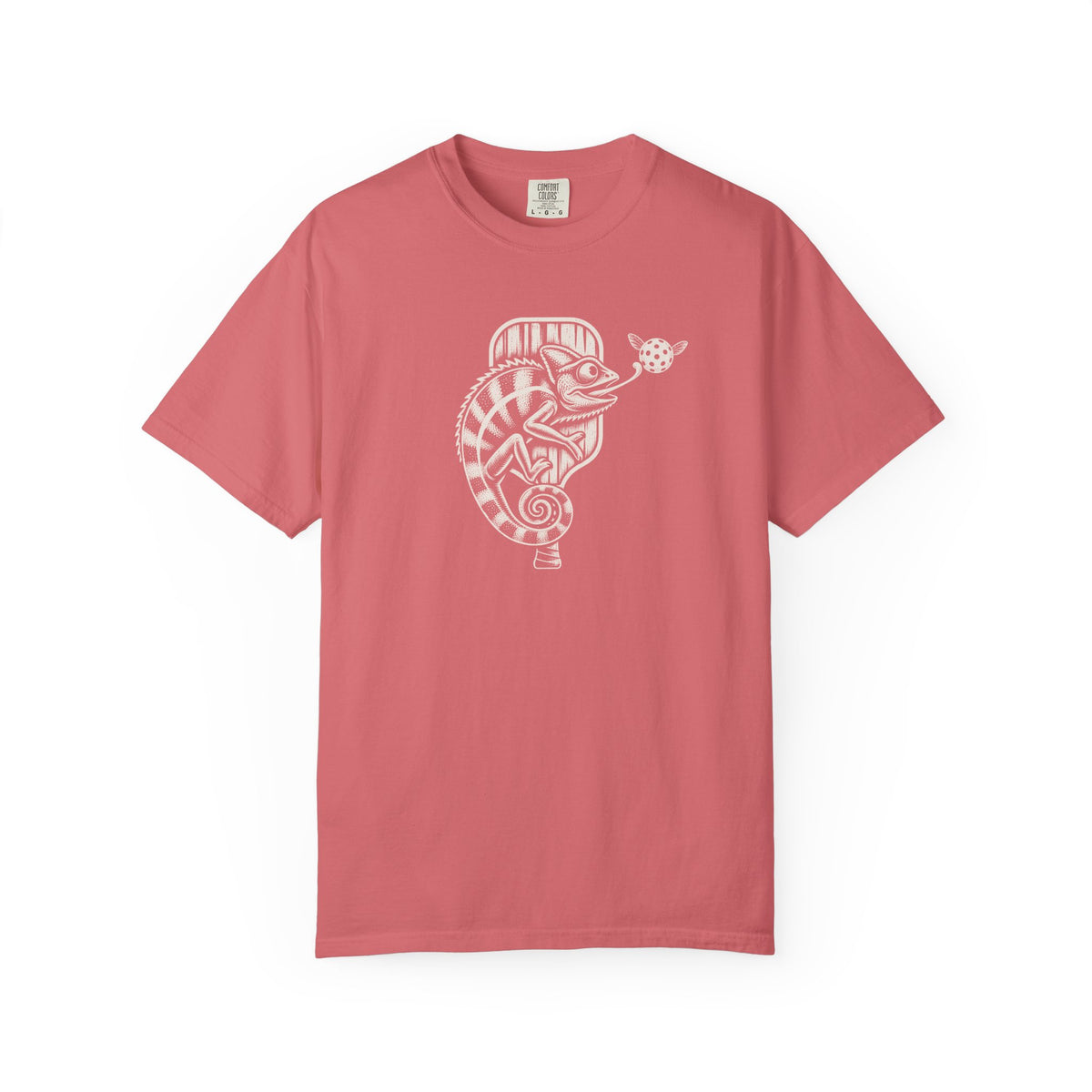 Watermelon colored Pickleball Chameleon pickleball t-shirt with detailed chameleon and paddle-themed graphic.