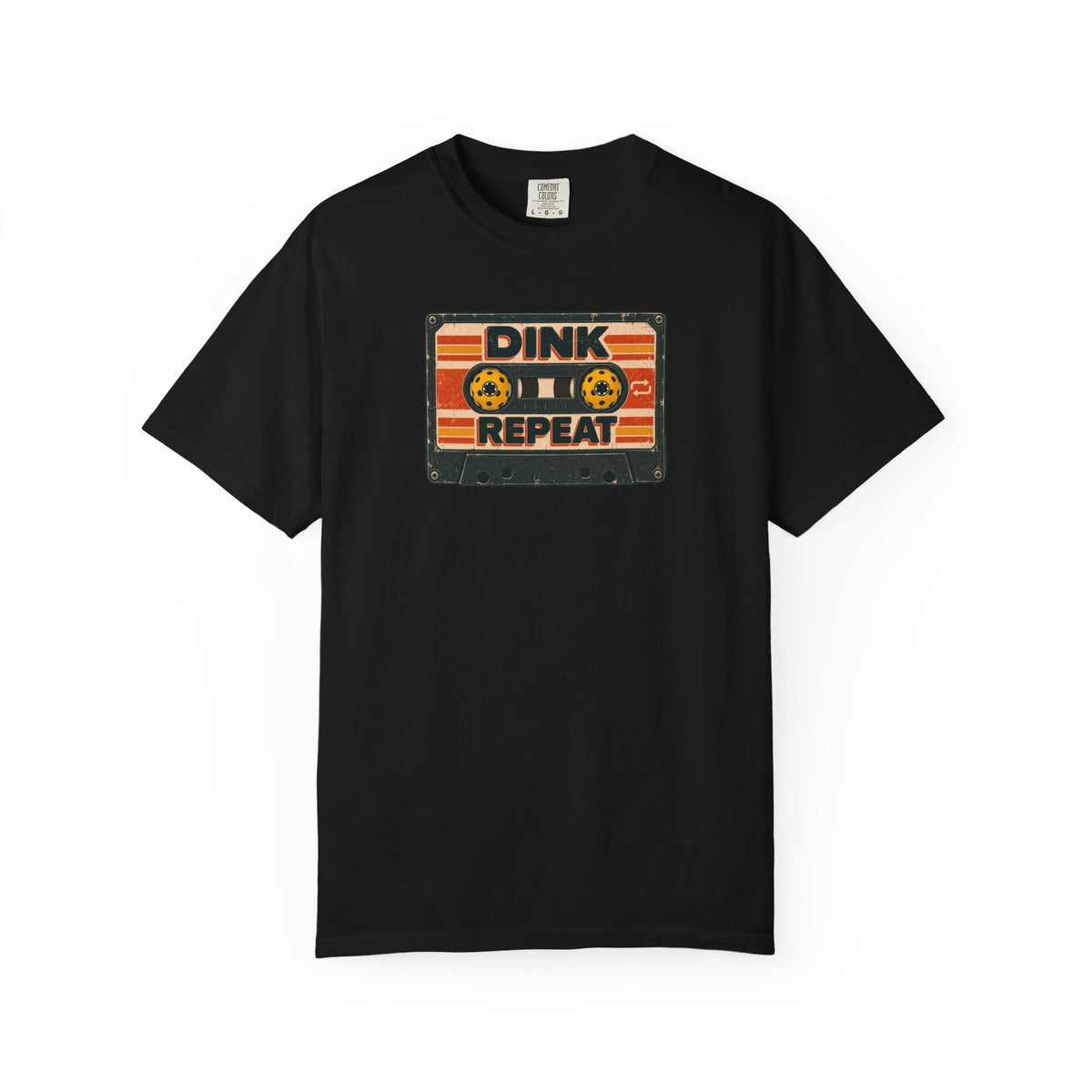 Black colored Dink. Repeat. pickleball t-shirt with orange-and-black retro badge-style typography.