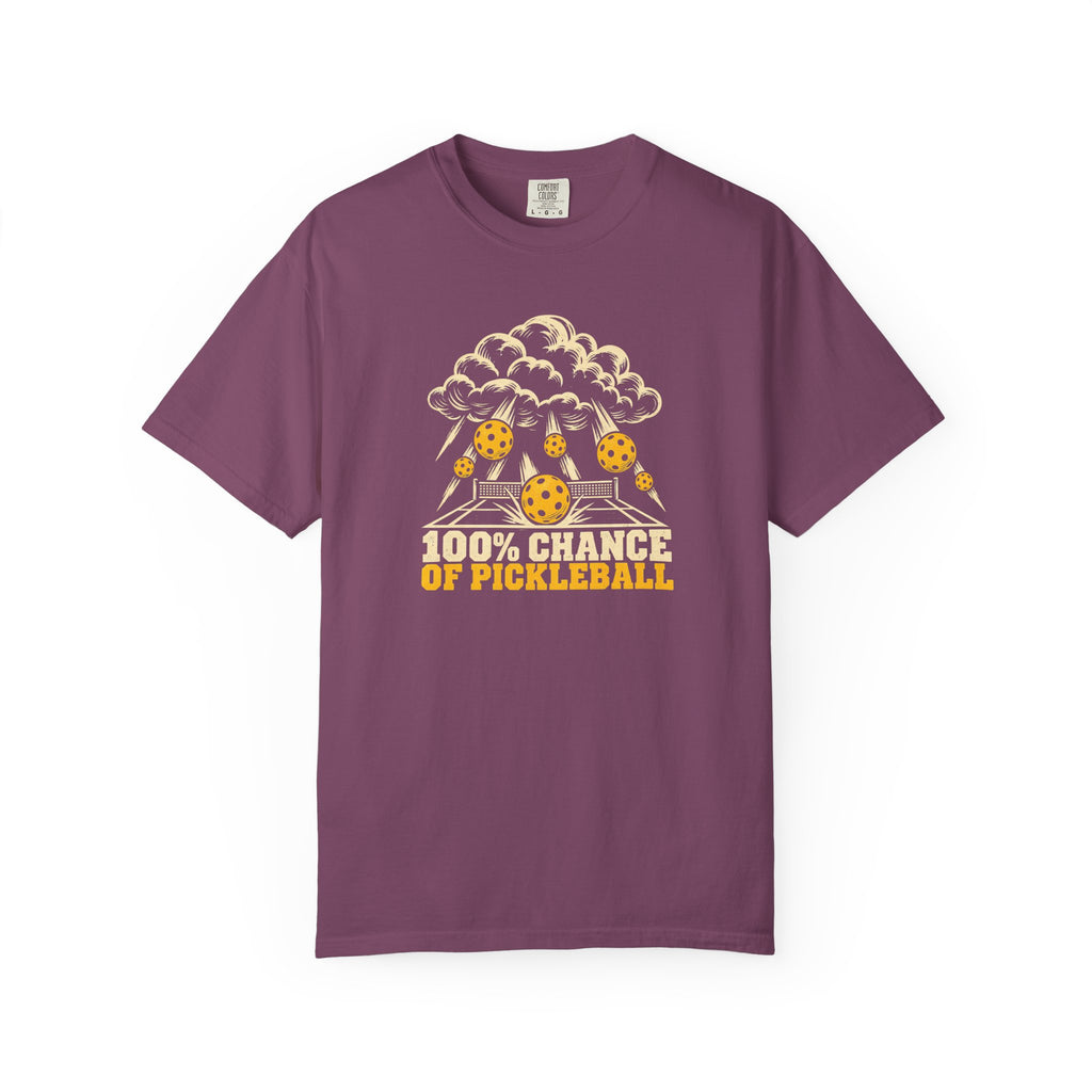 Berry colored Chance Of Pickleball t-shirt with weather-forecast-inspired graphic and yellow retro lettering.