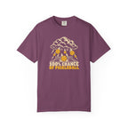 Berry colored Chance Of Pickleball t-shirt with weather-forecast-inspired graphic and yellow retro lettering.